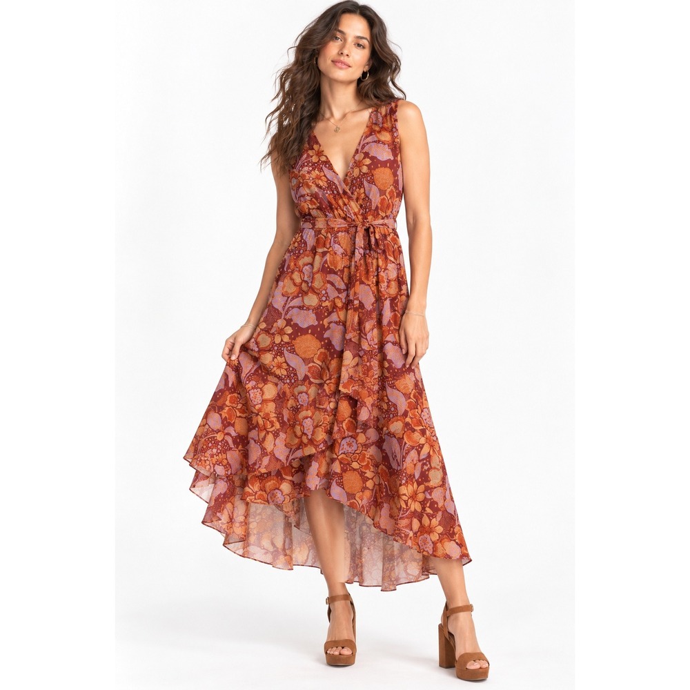 Market & Spruce Womens Burgundy Floral Surplice Neck High Low Midi Dress Large